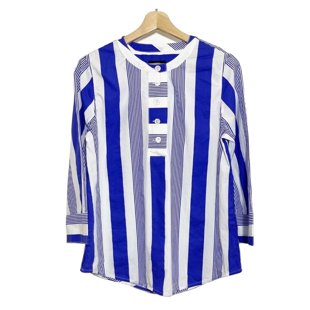 NWT J Crew Striped Tunic Top 3/4 Wide Sleeves Half Button Blue White Sz XS